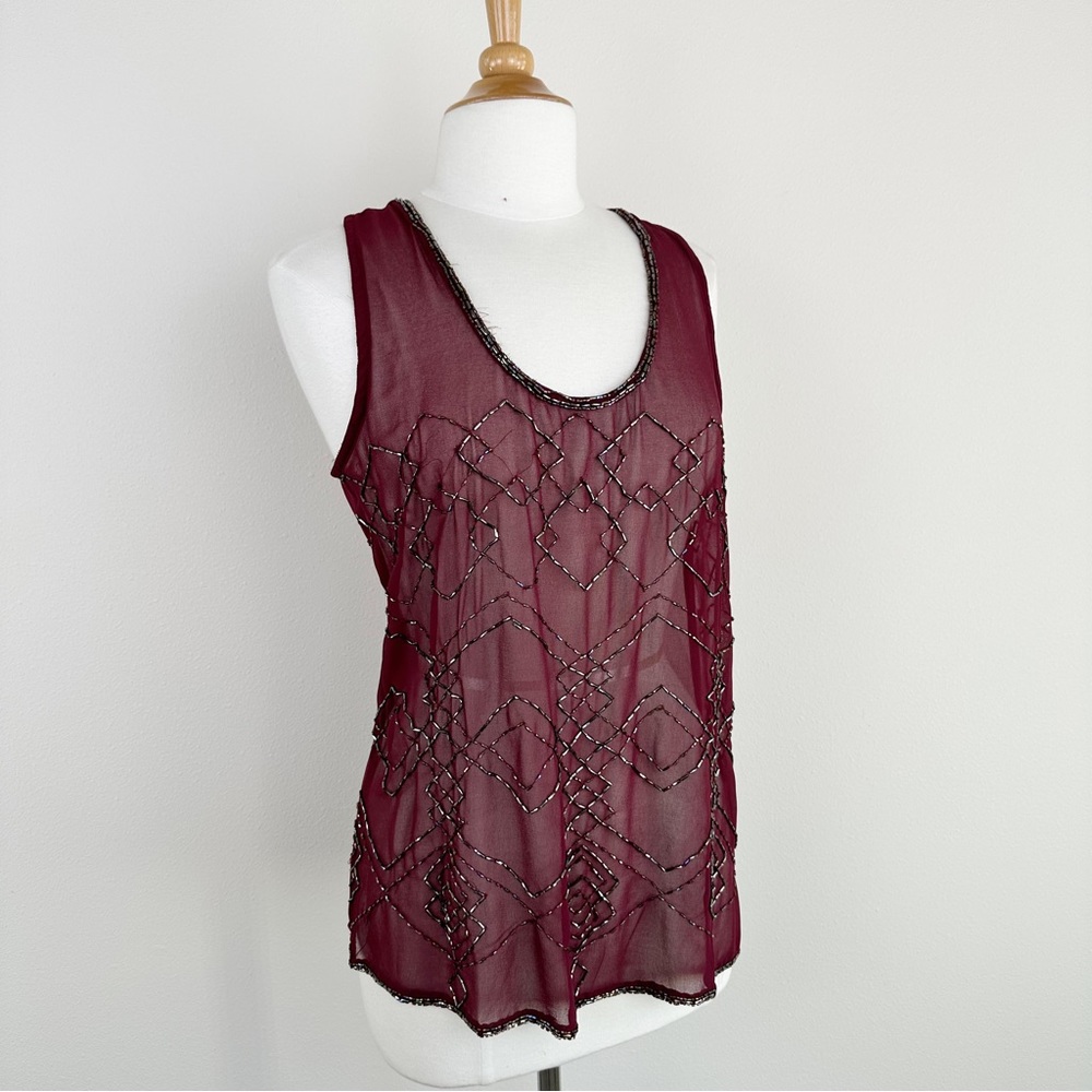 BKE Boutique Size S Burgundy Chenille Beads Tank Top Sequins